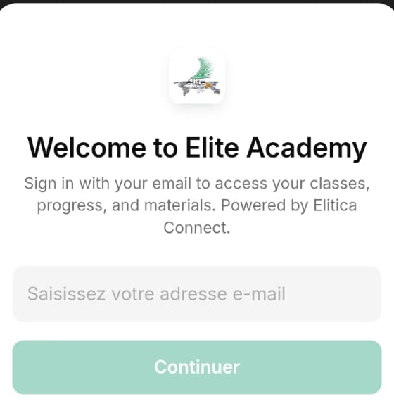Écran de connexion Élite Academy : champ « Saisissez votre adresse e-mail » et bouton « Continuer »